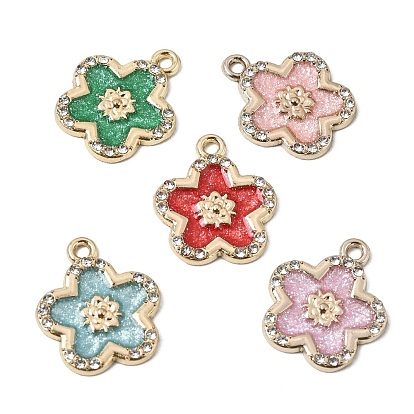 Alloy Enamel Pendants, Flower Charms, with Crystal Rhinestone, Golden