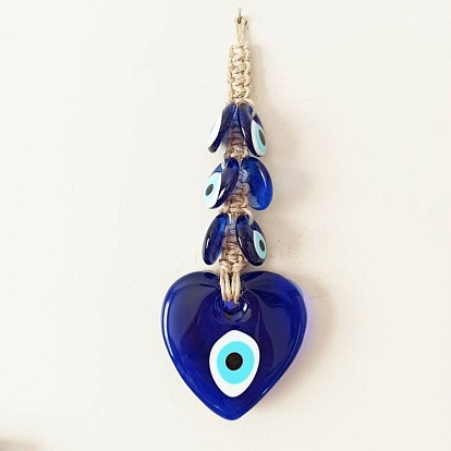 Heart with Evil Eye Glass Pendant Decorations, Hemp Rope Hanging Ornament