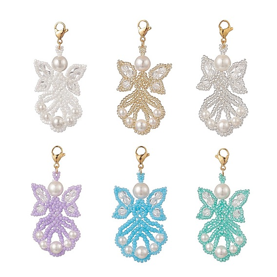 Angel Glass Pendants Decorations, with Seed Beads, Shell Pearl and 304 Stainless Steel Lobster Claw Clasps