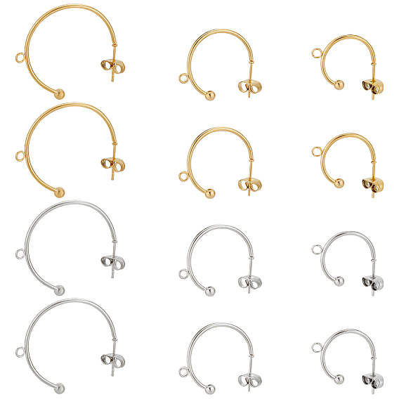 24 шт. 6 стиль 304 фурнитура для сережек-гвоздиков в форме буквы С из нержавеющей стали, серьги полукольца с горизонтальными петлями