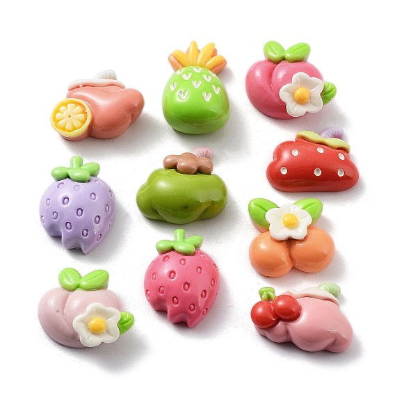 Fruit Opaque Resin Decoden Cabochons, Strawberry & Cherry & Peach, Mixed Shapes
