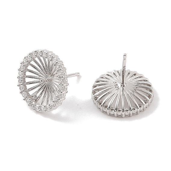 925 Sterling Silver Micro Pave Cubic Zirconia Earring Settings Findings, for Half Drilled Beads, Flat Round
