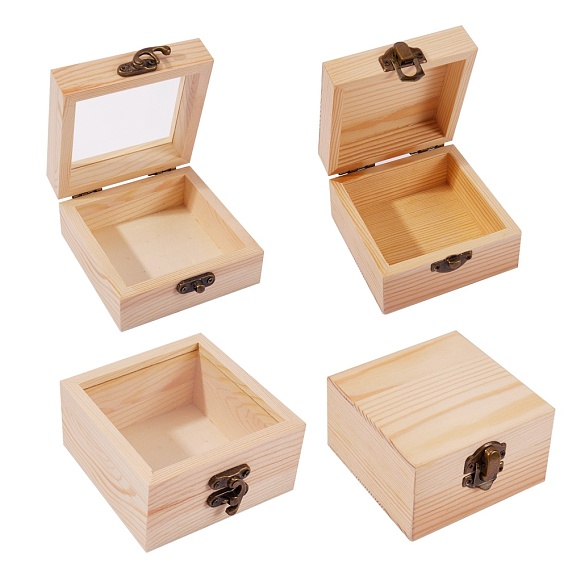 2 Pcs 2 Styles Pinewood Box, Flip Cover Box, with Iron Clasp, Rectangle