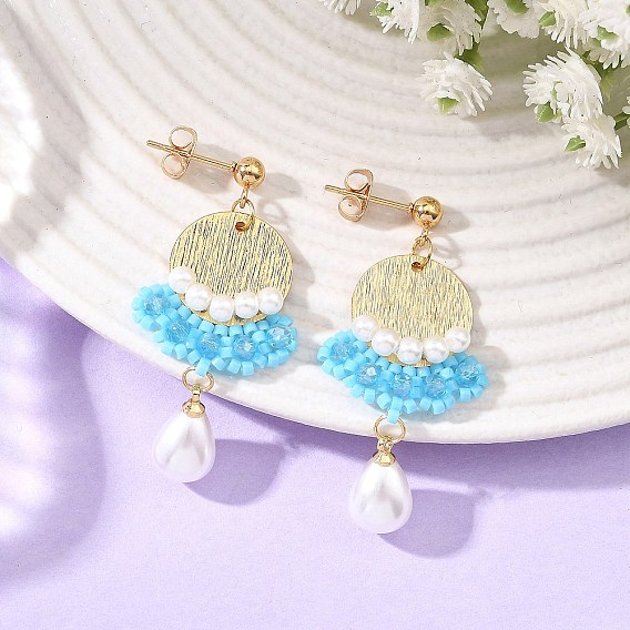 Boucles d'oreilles chandelier en laiton et perles de verre et de rocaille, ronde, Boucles d'oreilles puces avec pendentifs en plastique ABS imitation perle, crémaillère plaquage, or