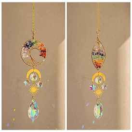 Natural Gemstone Chip Pendant Decorations, Suncatchers, with Glass, Tree of Life/Leaf