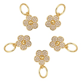 5Pcs Brass Micro Pave Clear Cubic Zirconia Charms, with Jump Ring, Long-Lasting Plated, Flower