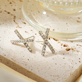 Elegant Sparkling Diamond Stud Earrings for Fashionable Women, X-Shaped