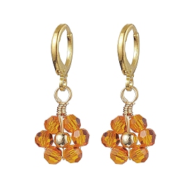 Woven Flower Glass Dangle Earrings, Brass Leverback Earrings for Women
