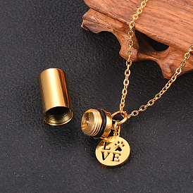 Stainless Steel Column and Word Love Urn Ashes Pendant Necklace, Memorial Jewelry for Men Women