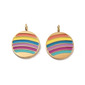 Ion Plating(IP) 316 Surgical Stainless Steel Charms, Nickel Free, with Rainbow Color Enamel, Flat Round Charms, Real 18K Gold Plated