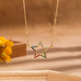 Brass Pave Cubic Zirconia Hollow Star Shape Pendant Necklaces for Women