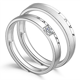 SHEGRACE 925 Sterling Silver Adjustable Couple Rings, Promise Ring, with Grade AAA Cubic Zirconia, with Word