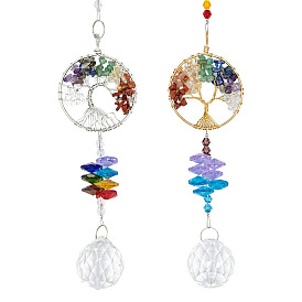 Flat Round with Tree of Life Chakra Gemstone Chips Pendant Decorations, with Glass Teardrop Charms, for Home Window Decorations
