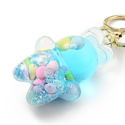 Porte-clés lapin dessin animé mignon, porte-clés acrylique rempli de liquide créatif flottant, avec les accessoires en alliage