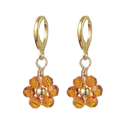 Woven Flower Glass Dangle Earrings, Brass Leverback Earrings for Women