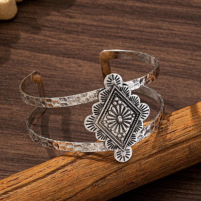 Vintage Iron Hollow Floral Rhombus Cuff Bangles for Women
