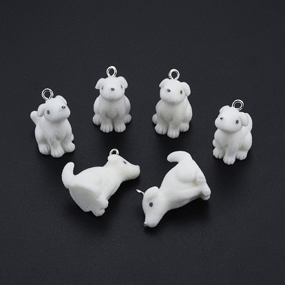 Opaque Resin Pendants, with Platinum Tone Iron Loops, Flocky Dog Charm