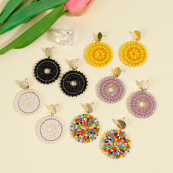 Плоские круглые 304 серьги-гвоздики из нержавеющей стали с бусинами из стекла, золотые