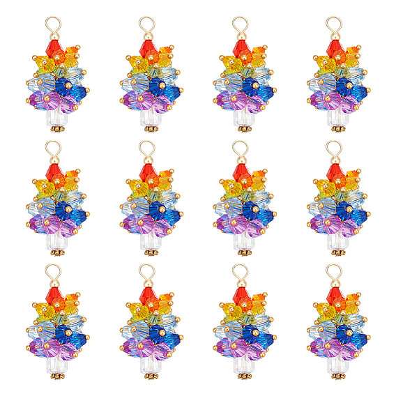 12шт. Акриловые подвески на тему чакры, рождественская елка, с золотистым оттенком 304 петля из нержавеющей стали и латунные бусины