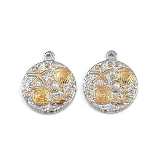 304 подвески из нержавеющей стали, плоский круг в форме ракушки и морской звезды, с абс пластмассовыми жемчужными бисером, ионное покрытие (ip)