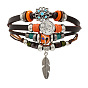 Imitation Leather & Cowhide Leather Braided Multi-strand Bracelet, Alloy Sun Moon Beaded Bracelet with Feather Shape Charm for Men Women
