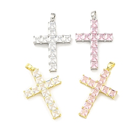 Brass Micro Pave Cubic Zirconia Pendants, Cross Charms, Pink/Clear
