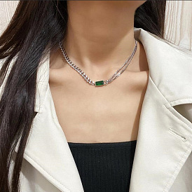Double-layer Cuban Chain Square Green Zirconia Necklace in 14K Gold