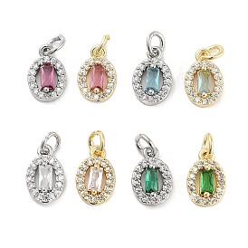 Brass Micro Pave Cubic Zirconia Charms, with Jump Ring, Oval