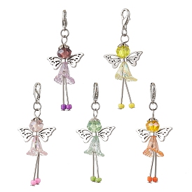 10pcs 5 décorations pendentif ange fleur en verre et acrylique de couleurs, fermoirs à pinces de homard, breloques pour ornements de sacs