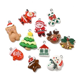 Pendentifs en résine opaque, Breloques de Noël avec boucles en fer plaqué platine, cloche de noël, gants et père noël, formes mixtes