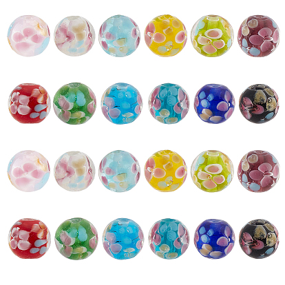 24шт. 12 стили наборы бусин ручной работы из прозрачного стекла и лэмпворка, круглые с цветочным узором