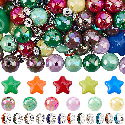 DIY Beads Findings Kits, include Opaque Acrylic Beads, Star, Brass Grade A Rhinestone Spacer Beads, Opaque Acrylic Beads, AB Color Plated, Mixed Shapes
