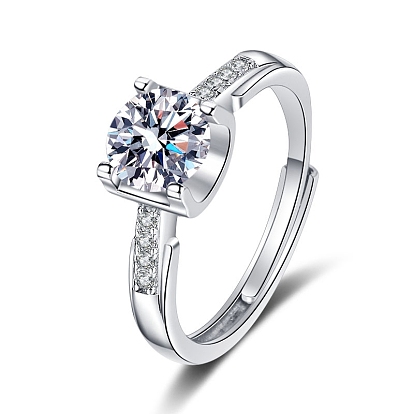 Родиевое покрытие 925 регулируемые кольца из стерлингового серебра с микропаве циркония, прозрачные круглые кольца-солитеры со стразами из муассанита для женщин