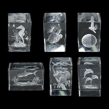 3D Laser Engraving Animal Glass Figurine, for Home Office Desktop Ornaments, Cuboid