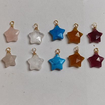 10pcs 5 stylt Edelstein-Kupferdraht umwickelte Anhänger, facettierte Sternanhänger, gemischt gefärbt und ungefärbt, Licht Gold