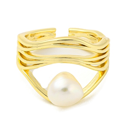 Natural Pearl Open Cuff Ring, Brass Hollow Finger Ring