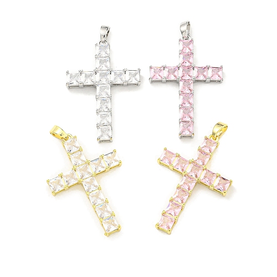 Латунные микро проложить кубического циркония подвески, без кадмия, без никеля и без свинца, крест прелести, розовый / прозрачный