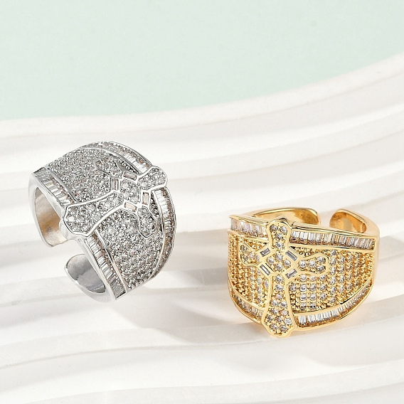 Открытые манжеты из латуни с микропаве и прозрачным цирконием для женщин, без кадмия и без свинца, крестик