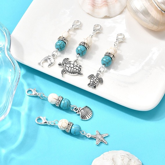 5 шт. подвески из сплава в тибетском стиле с изображением морских животных, с круглыми бусинами из синтетической бирюзы и застежками-карабинами
