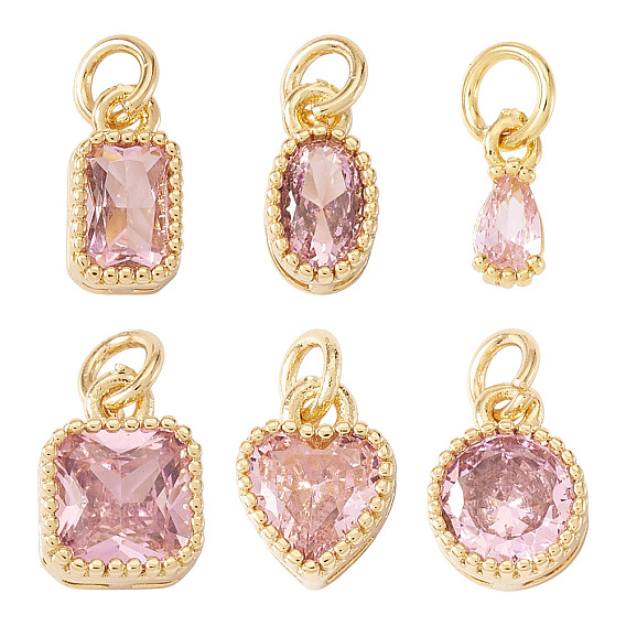 6 pièces 6 styles véritables 18 breloques en laiton plaqué or 10 carats incrustées de zirconiums cubiques, avec anneau de saut, plaqué longue durée