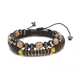 Wood Beaded Bracelet Sets, with Non-magnetic Synthetic Hematite Beads and Nylon Thread