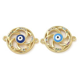 Rack Plating Brass Colorful Cubic Zirconia Vortex Connector Charms, Evil Eye Enamel Links, Real 18K Gold Plated, Long-Lasting Plated, Lead Free & Cadmium Free