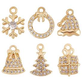 12 шт 6 стиль латунные микропаве подвески из фианита, без никеля , на Рождество, снежинка/елка/колокольчик, реальный 18 k позолоченный