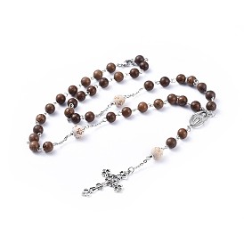 Tibetan Style Alloy Rosary Bead Necklaces, with Wood Beads and 304 Stainless Steel Rolo Chains