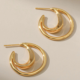 18K Gold Plated Brass Earrings - Minimalist, Geometric, Double Layer, C-shaped Design.