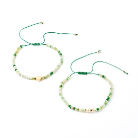 Nylon Thread Braided Bead Bracelets Sets, with Electroplate Glass Beads, Brass Beads, Heart