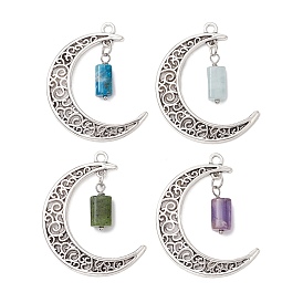 4Pcs 4 Styles Natural Apatite & Amethyst & Aquamarine & Canadian Jade Faceted Column Pendants, Alloy Moon Charms