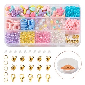 Kits de fabricación de joyas de bricolaje para niños, incluyendo cuentas acrílicas opacas y transparentes, perlas de plástico de poliestireno, anillos de enlace de acrílico, Ganchos de aleación de zinc de langosta garra, fornituras de hierro, tuercas de plástico