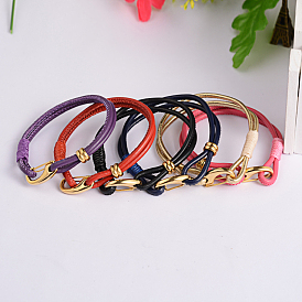 Leather Cord Bracelets, with Golden Plated Stainless Steel Clasps and Waxed Cord, 200mm