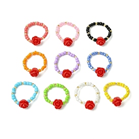 Glass Seed Beads Stretch Rings, Resin Rose Rings for Women